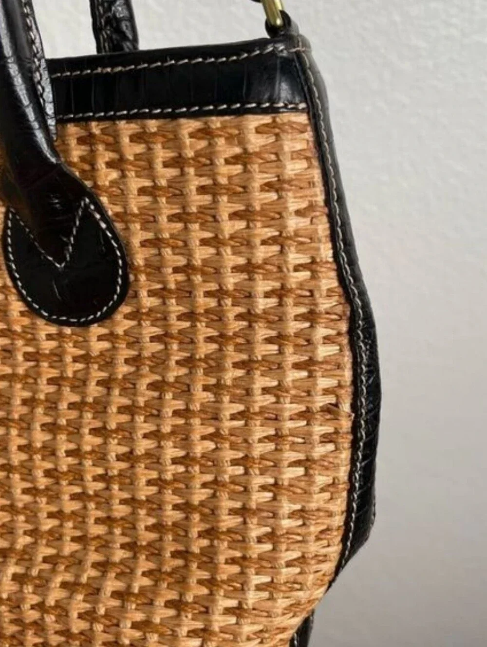 Brahmin Natural Straw Weave Croc Leather Crossbody Bag‎